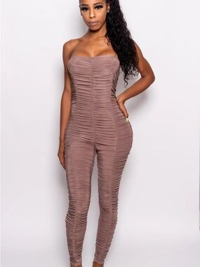 Strapless Ruched Jumpsuit in Taupe